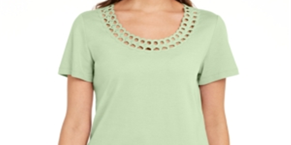 Karen Scott Women's Cotton Scalloped Neck T-Shirt Green Size Small
