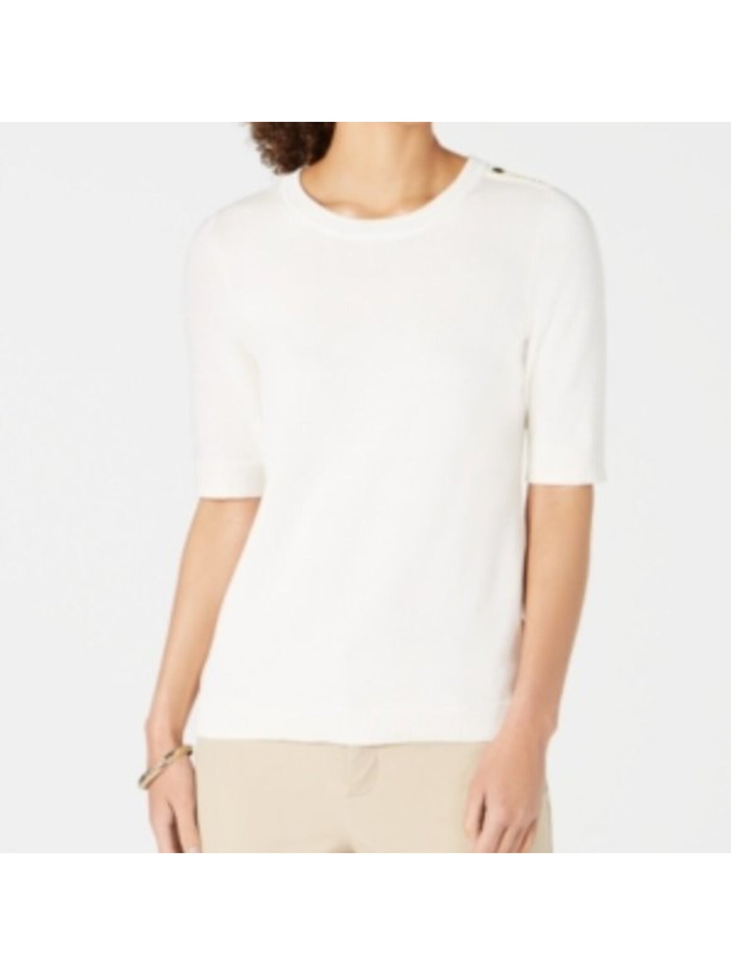 Charter Club Women's Button Detail 3/4 Sleeve Crew Neck Sweater White Size X-Large