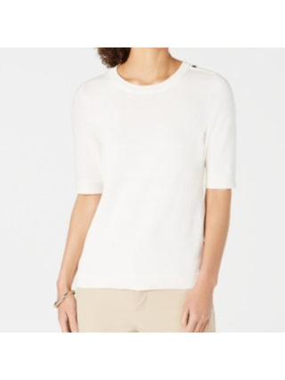 Charter Club Women's Button Detail 3/4 Sleeve Crew Neck Sweater White Size X-Large