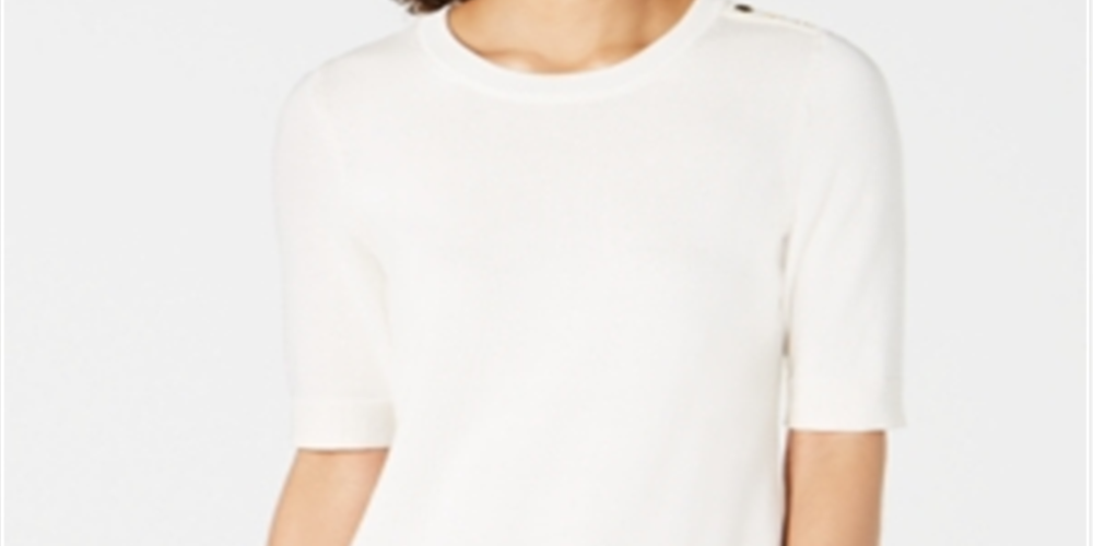 Charter Club Women's Button Detail 3/4 Sleeve Crew Neck Sweater White Size X-Large