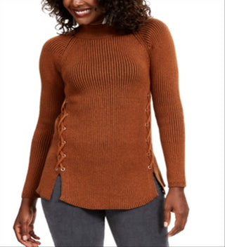 Style & Co Women's Mock Neck Lace up Ribbed Knit Sweater Brown Size XX-Large