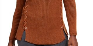 Style & Co Women's Mock Neck Lace up Ribbed Knit Sweater Brown Size XX-Large