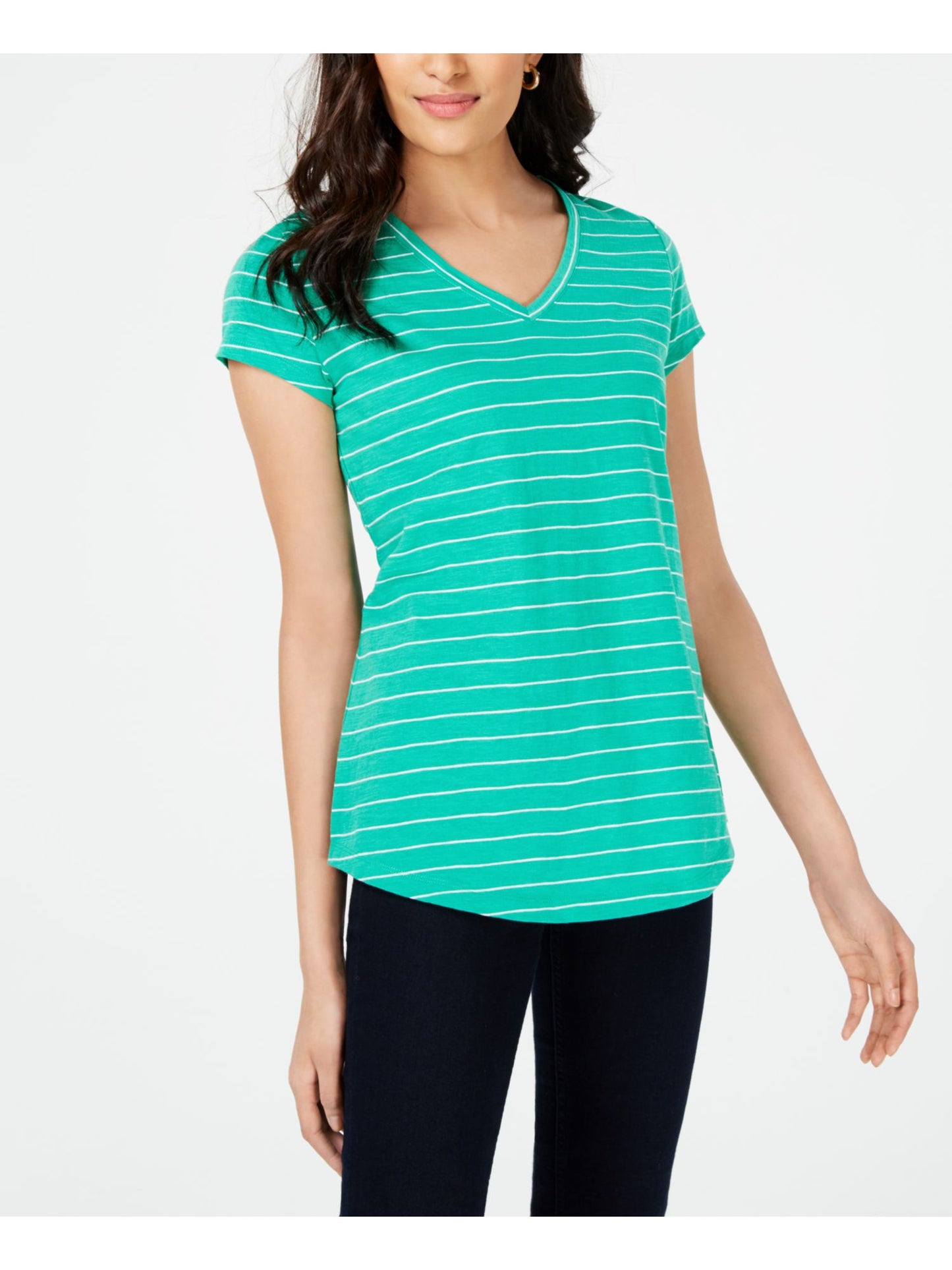 Maison Jules Women's Striped Short Sleeve V Neck Top Green Size Medium