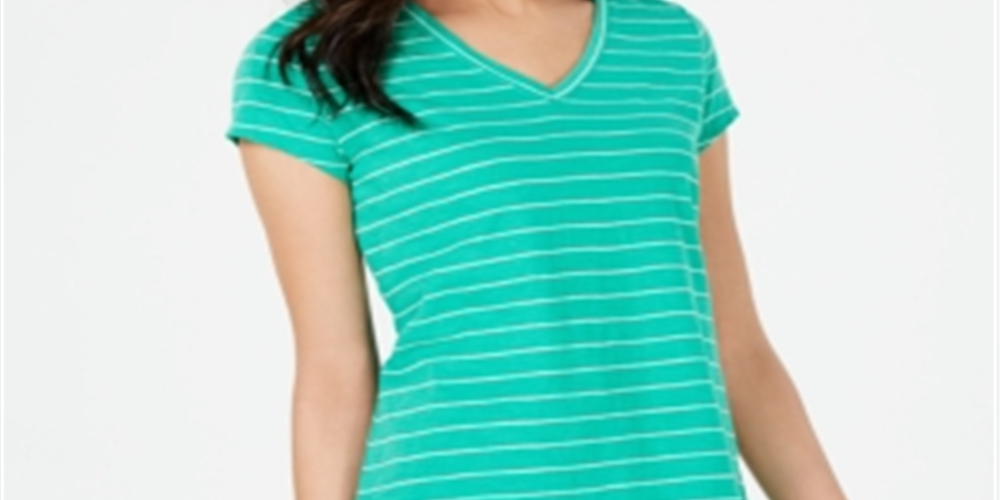 Maison Jules Women's Striped Short Sleeve V Neck Top Green Size Medium