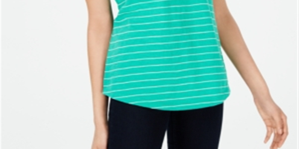 Maison Jules Women's Striped Short Sleeve V Neck Top Green Size Medium