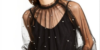 INC International Concepts Women's Embellished Tulle Mock Neck Top Black Size Large