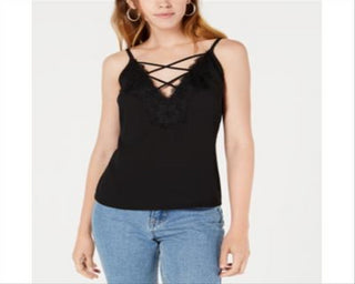 Bar III Women's Lace Trim Crisscross Camisole Black Size X-Small