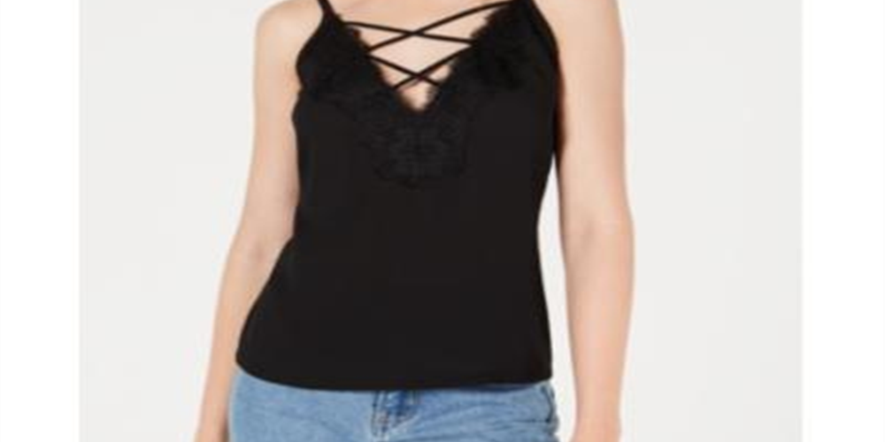 Bar III Women's Lace Trim Crisscross Camisole Black Size X-Small