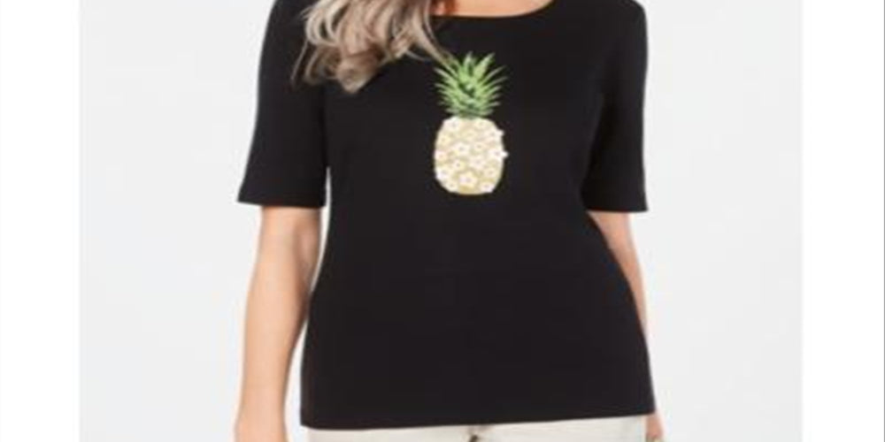 Karen Scott Women's Cotton Pineapple Graphic Print T-Shirt Black Size Small