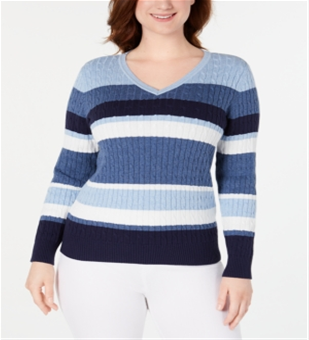 Karen Scott Women's Cotton Striped Cable Knit Sweater Blue Combo Size Petite S/M