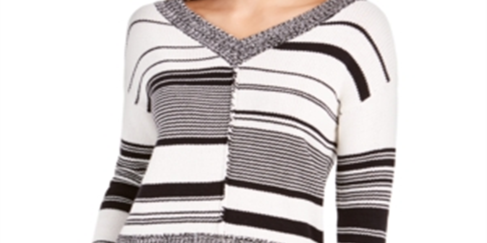 Calvin Klein Women's Printed Long Sleeve V Neck Blouse Party Sweater White Size Small