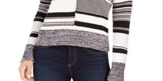 Calvin Klein Women's Printed Long Sleeve V Neck Blouse Party Sweater White Size Small