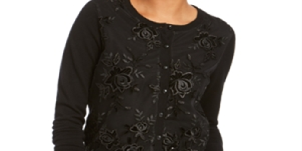 Charter Club Women's Sequined Button Sweater Black Size X-Small
