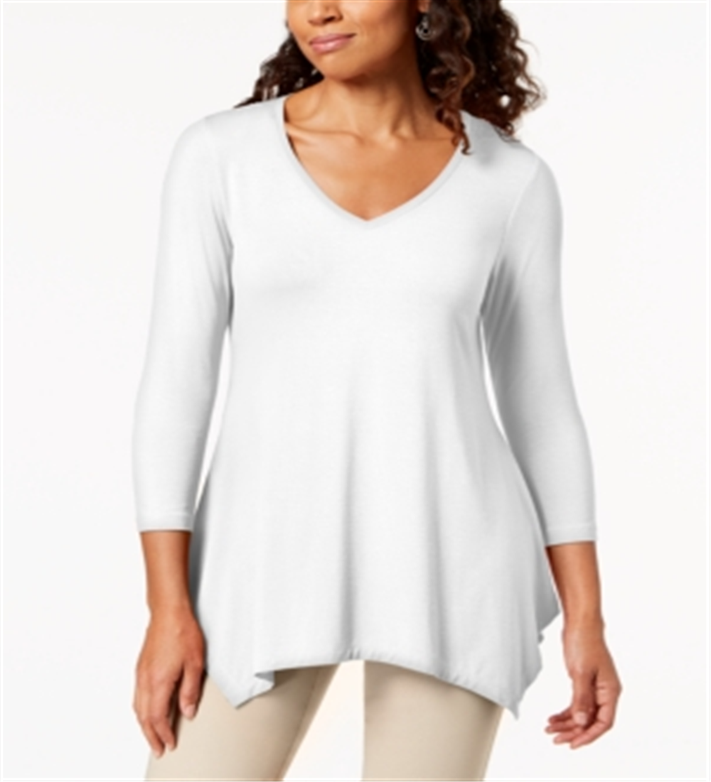 JM Collection Women's V Neck Handkerchief Hem Top White Size Small