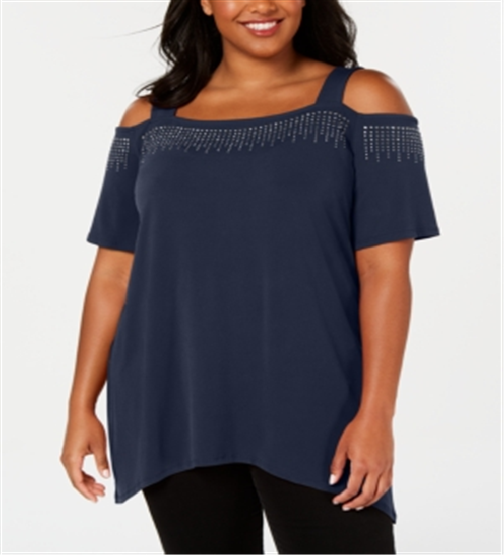 JM Collection Women's Embellished Cold Shoulder Top Blue Size 0X