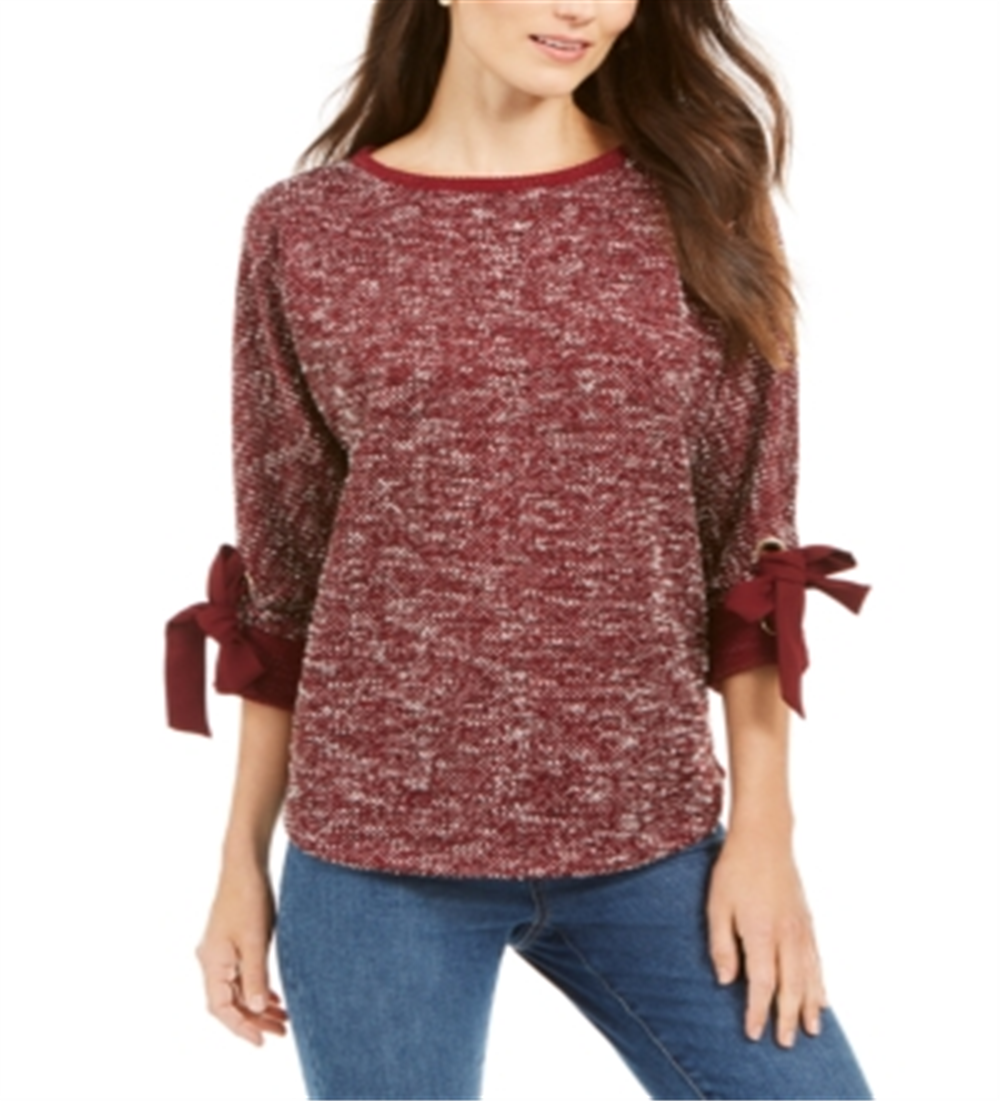 Charter Club Women's Bow Cuff Marled Top Red Size Petite L