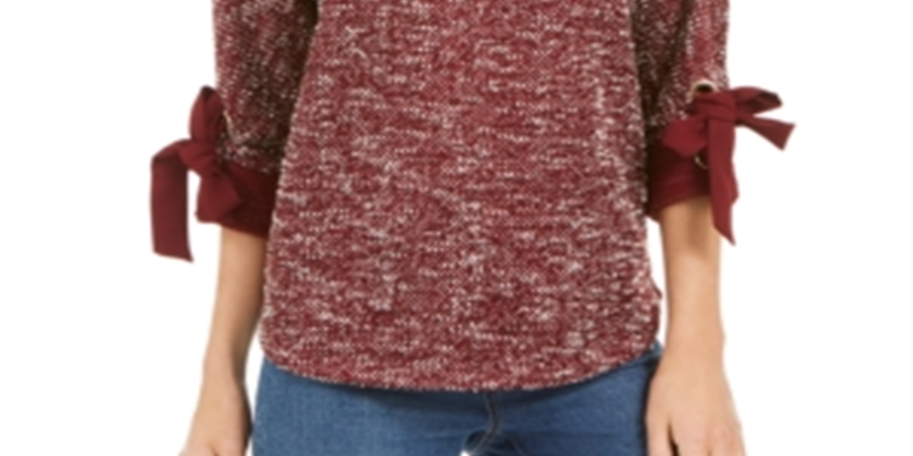 Charter Club Women's Bow Cuff Marled Top Red Size Petite L