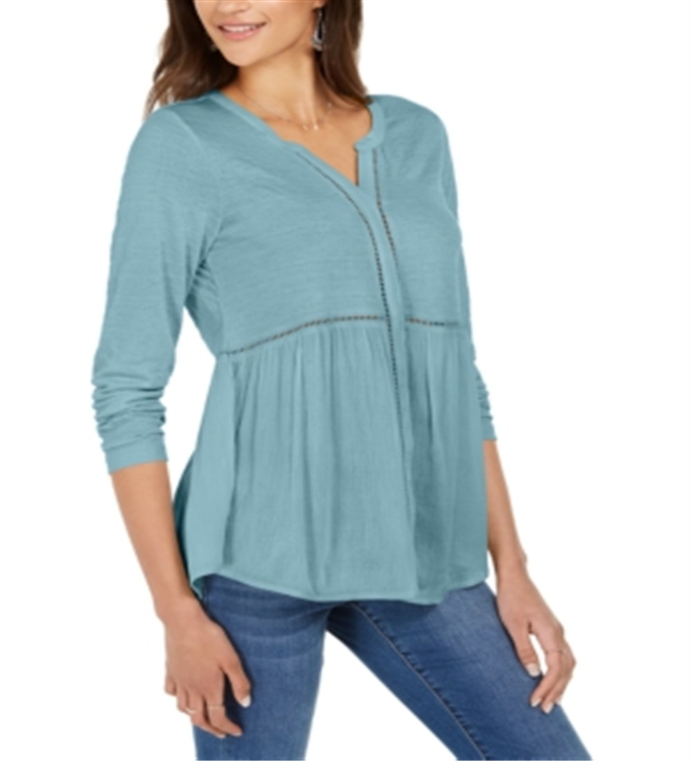 Style & Co Women's V Neck Mixed Woven Top Blue Size XX-Large