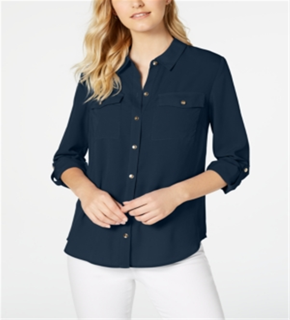 Charter Club Women's Two Pocket Shirt Blue Size Small