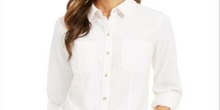 Charter Club Women's Button Down Cotton Corduroy Shirt White Size Petite Medium