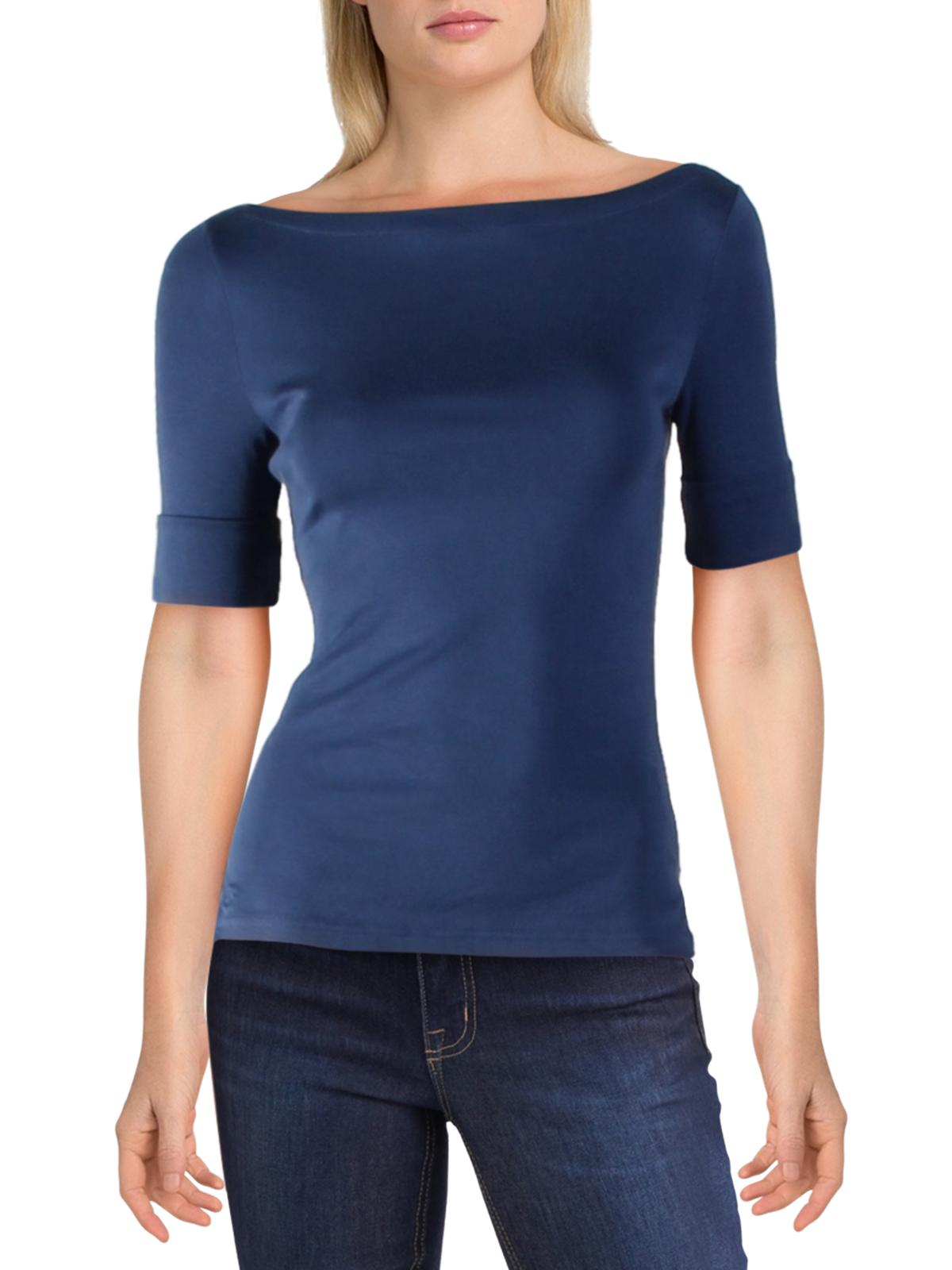 Ralph Lauren Women's Judy Elbow Sleeve Boat Neck T-Shirt Blue Size Petite XS