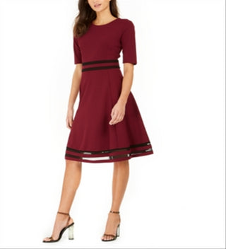 NY Collection Women's Mesh Stripe Dress Maroon Size Petite XL