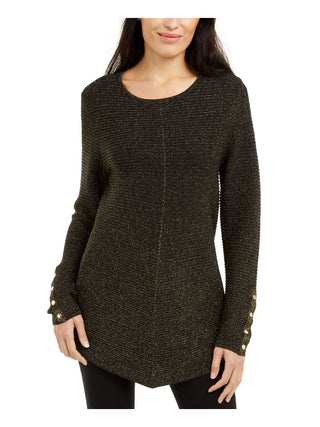 Alfani Women's Pinstripe Cuffed Jewel Neck Top Black Size Petite Large