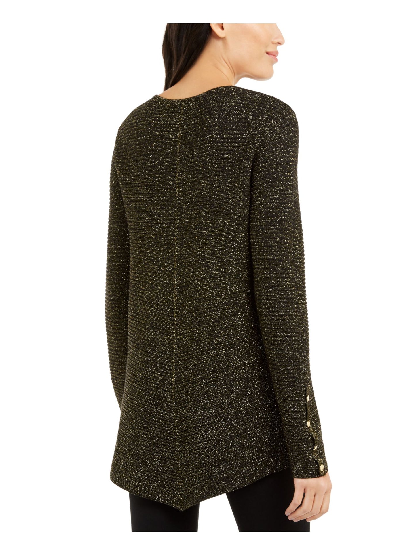 Alfani Women's Pinstripe Cuffed Jewel Neck Top Black Size Petite Large