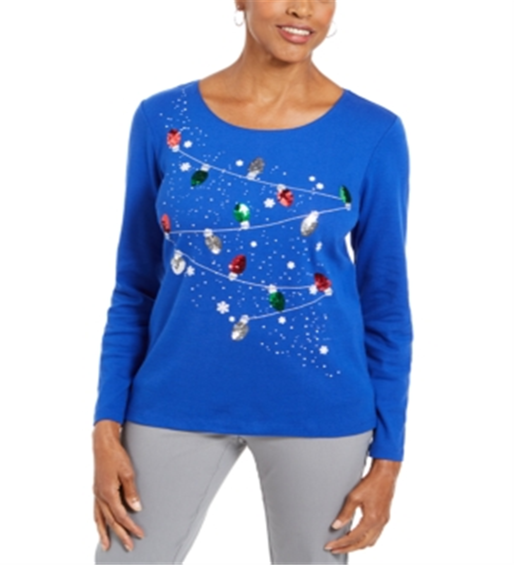 Karen Scott Women's Embellished Cotton Top Blue Size Petite S