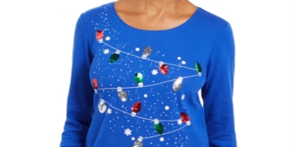 Karen Scott Women's Embellished Cotton Top Blue Size Petite S