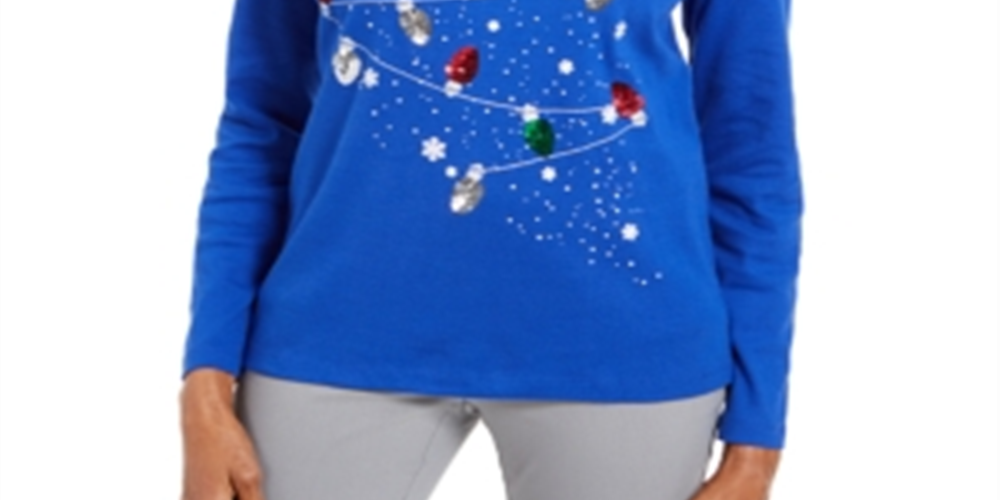 Karen Scott Women's Embellished Cotton Top Blue Size Petite S