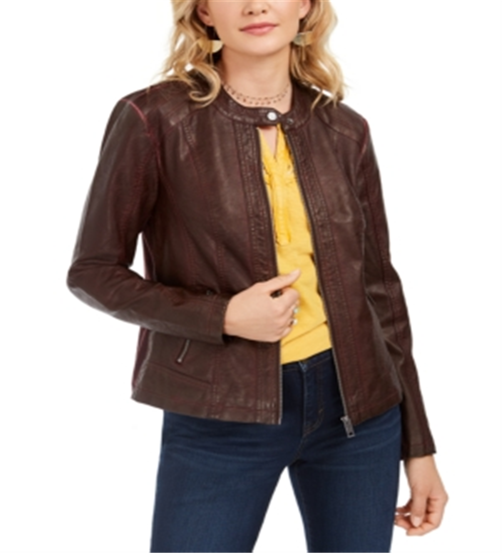 Style & Co Perforated Garment Dyed Faux Leather Jacket Red Size Medium