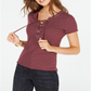 Hippie Rose Junior's Lace up Rib Knit Top Zinfandel Stripe Red Size Medium