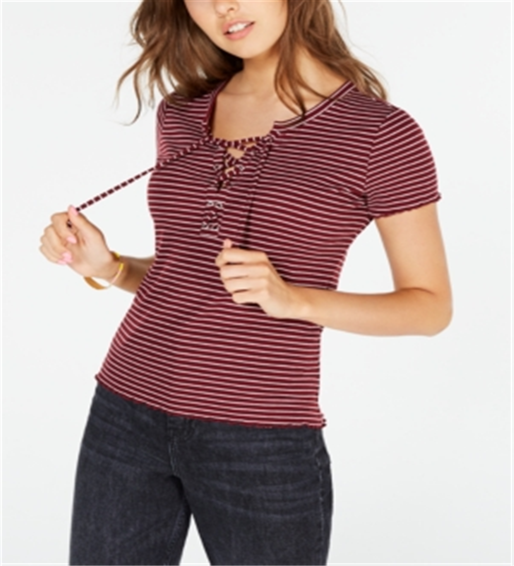 Hippie Rose Junior's Lace up Rib Knit Top Zinfandel Stripe Red Size Medium