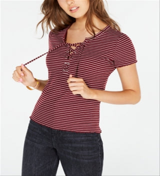 Hippie Rose Junior's Lace up Rib Knit Top Zinfandel Stripe Red Size Medium