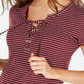 Hippie Rose Junior's Lace up Rib Knit Top Zinfandel Stripe Red Size Medium