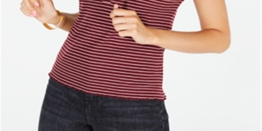 Hippie Rose Junior's Lace up Rib Knit Top Zinfandel Stripe Red Size Medium