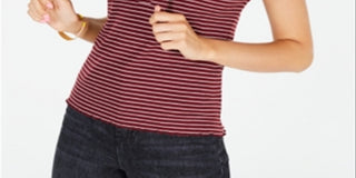 Hippie Rose Junior's Lace up Rib Knit Top Zinfandel Stripe Red Size Medium