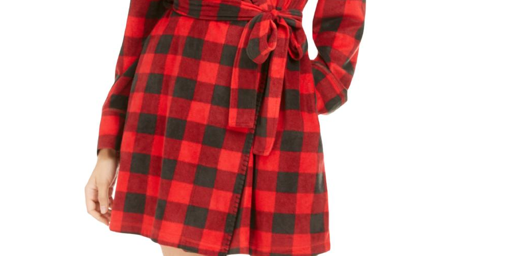 Muk Luks Women's Cozy Short Fleece Robe Lumber Jack Check Red Size Large