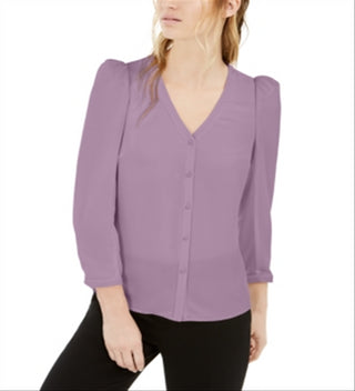 Bar III Women's Puff Sleeve Button up Blouse Pink Size Large