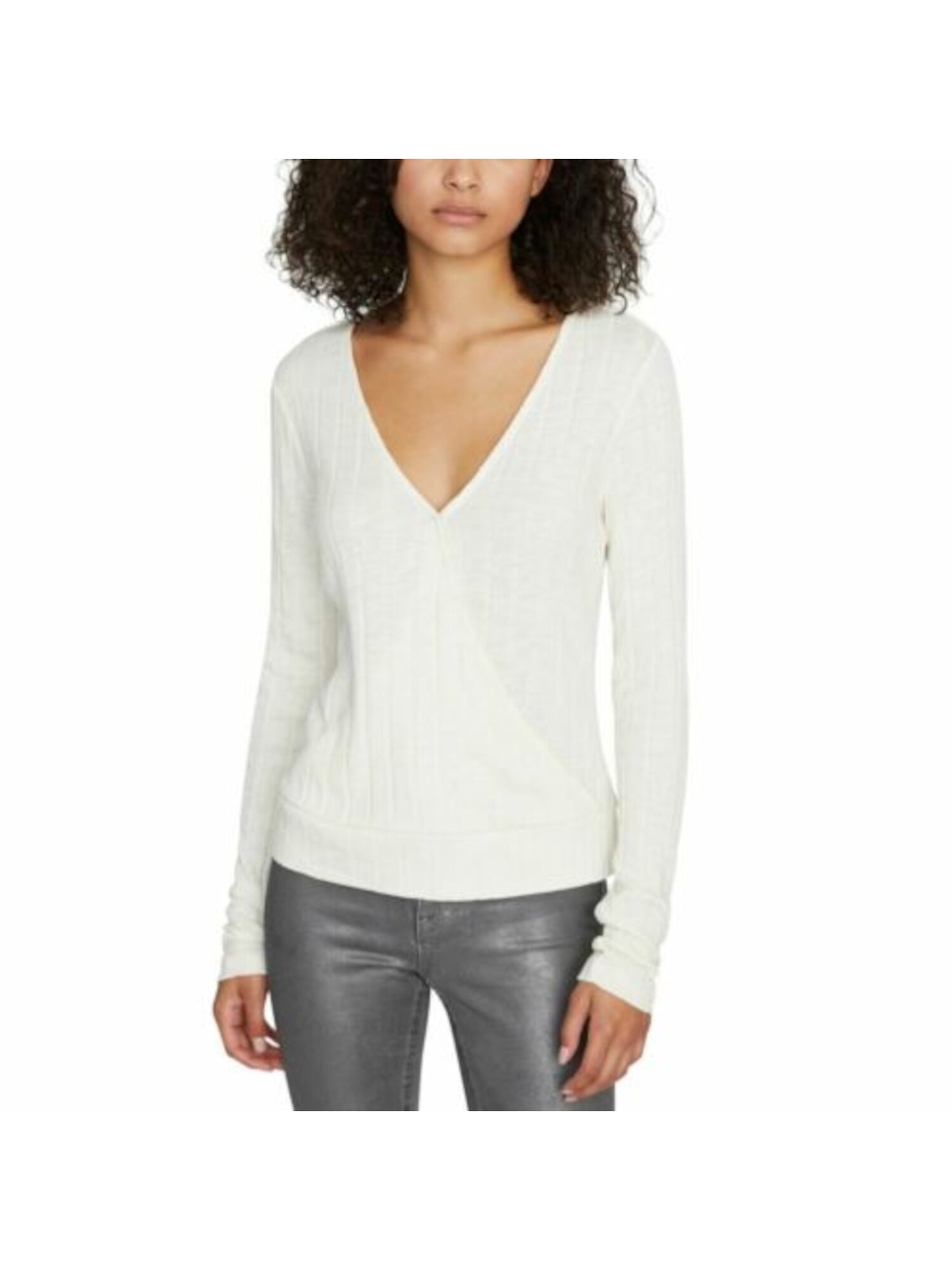 Sanctuary Women's Ribbed Long Sleeve Surplice Neckline Wrap Top White Size Large