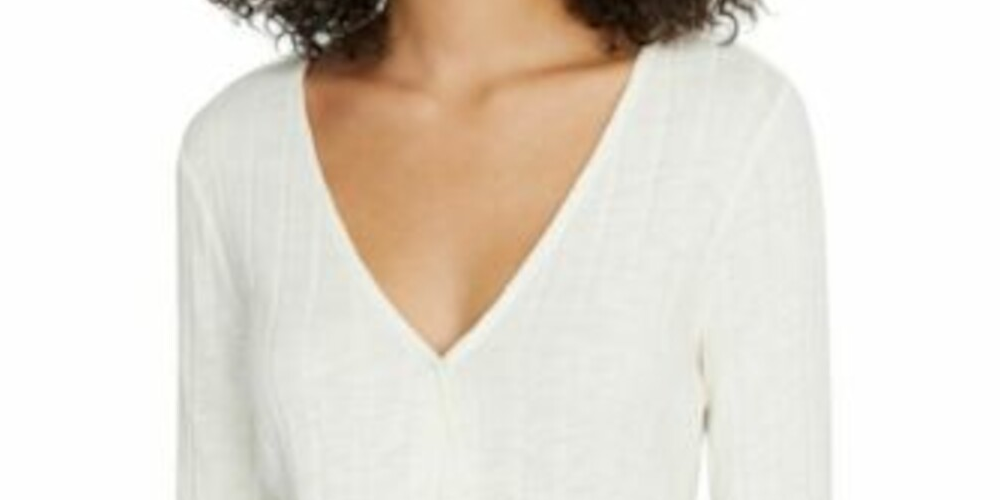 Sanctuary Women's Ribbed Long Sleeve Surplice Neckline Wrap Top White Size Large