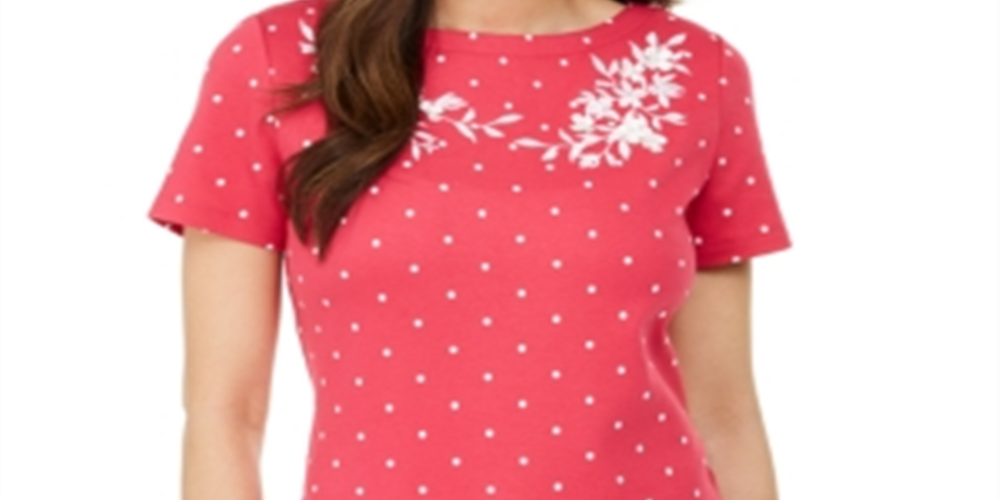 Karen Scott Women's Printed Embroidered Boat Neck Cotton Top Pink Size M