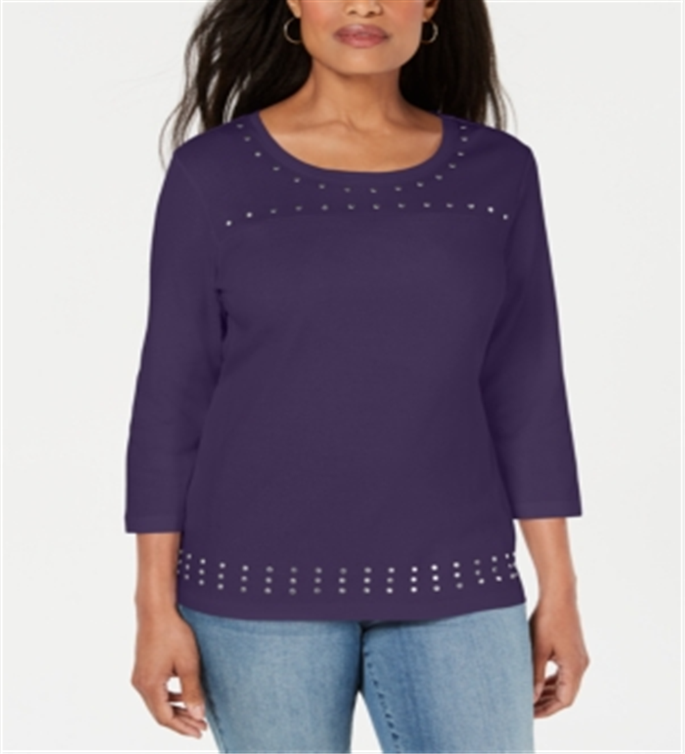 Karen Scott Women's Scoop Neck Studded Top Purple Size X-Small