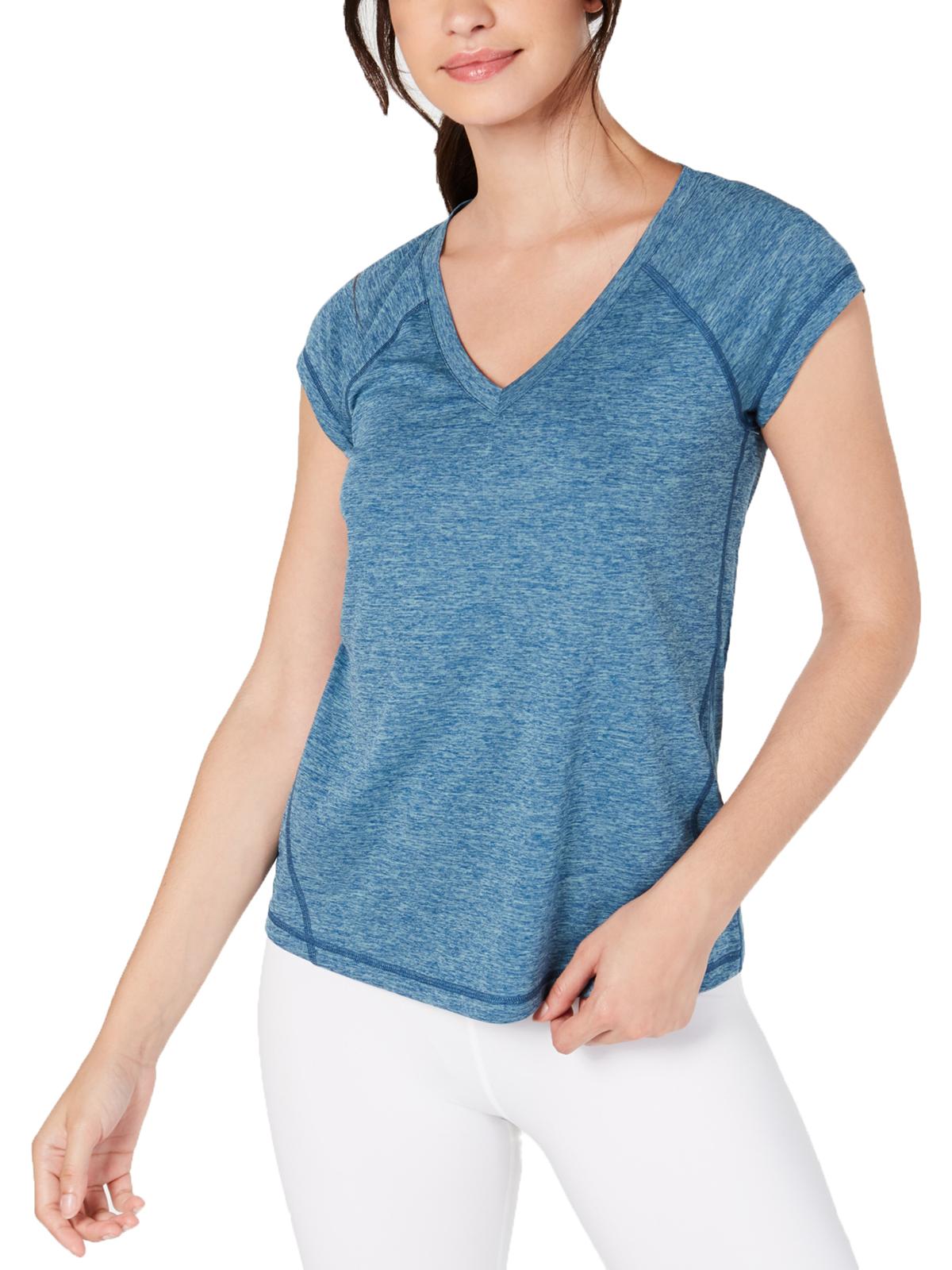 Ideology Women's Essential Heathered V Neck Pullover Top Blue Size Large