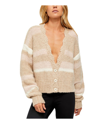 Free People Women's Striped V Neck Cardigan Sweater Beige Size X-Large
