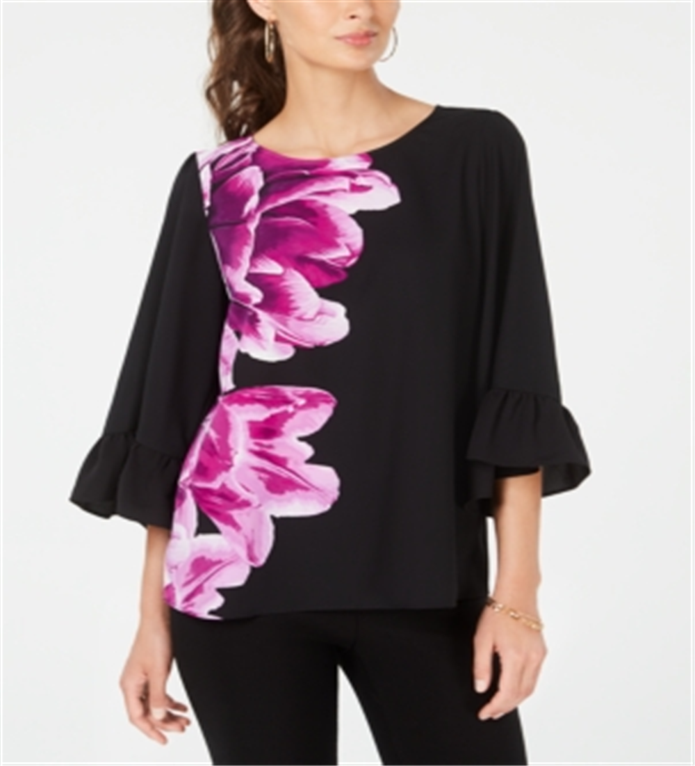 Alfani Women's Bell Sleeve Floral Print Top Fuchsia - Black Size Petite S