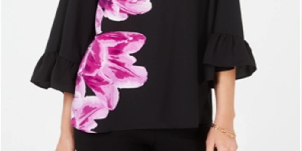 Alfani Women's Bell Sleeve Floral Print Top Fuchsia - Black Size Petite S