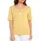 Karen Scott Women's Cotton Lace up Elbow Sleeve Top  Yellow Size Small