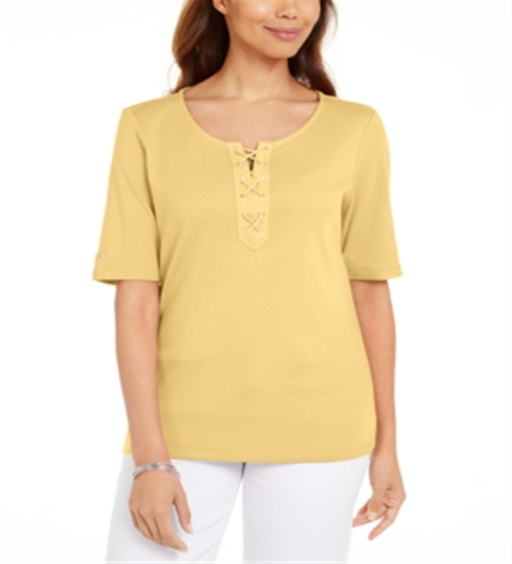 Karen Scott Women's Cotton Lace up Elbow Sleeve Top  Yellow Size Small